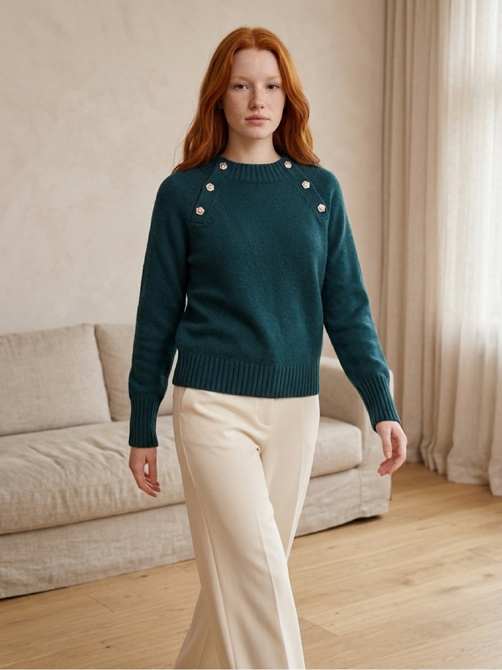 J. Crew Women's Dark Green Crewneck Sweater with Decorative Buttons Size Small.